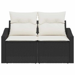Canapé de jardin 2 places avec rangement et coussins en poly rattan noir 