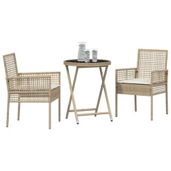 Ensemble de Bistro de Jardin 3 Pièces avec Coussins Beige en Poly Rattan 