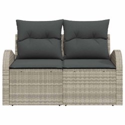 Canapé de jardin 2 places avec rangement et coussins gris clair en rattan poly 