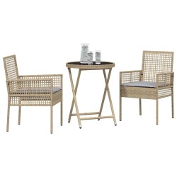 Ensemble Bistro de Jardin 3 Pièces avec Coussins Beige en Poly Rattan 