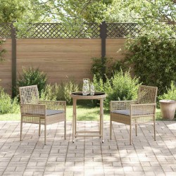 Ensemble Bistro de Jardin 3 Pièces avec Coussins Beige en Poly Rattan 