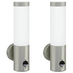 Luminaires muraux extérieurs avec capteur 2 pcs Argent Acier inoxydable IP44 