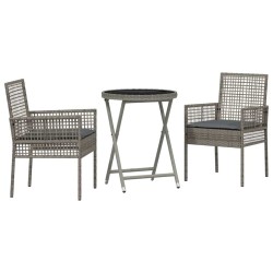 Ensemble de Bistro de Jardin 3 Pièces avec Coussins Gris en Rattan Poly 