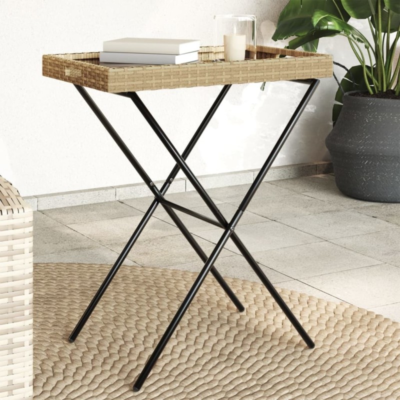 Table à plateau pliable beige 65x40x75 cm résine tressée 