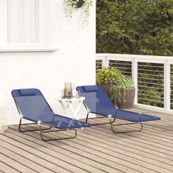 Chaises Longues Pliantes 2 pcs avec Une Têtière en Bleu Textilène 