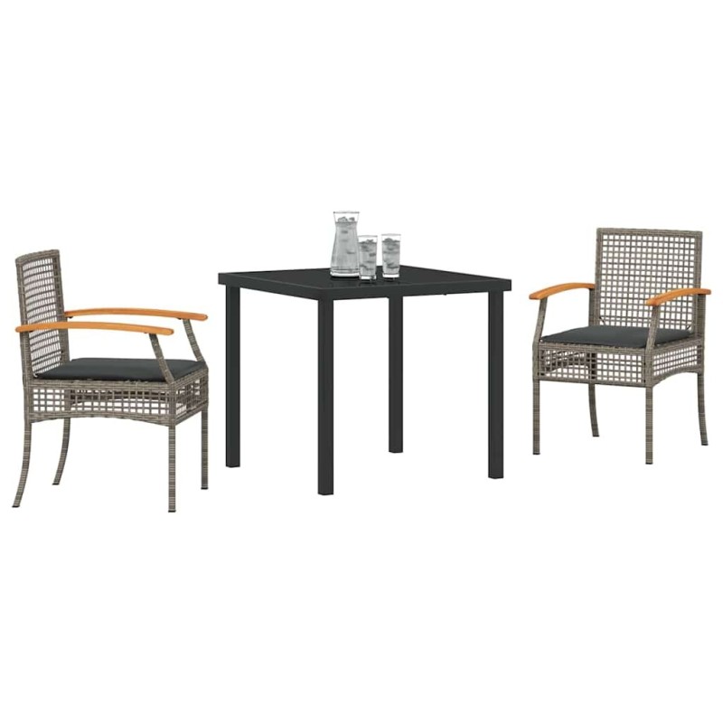 Set de jardin de 3 pièces avec coussins en poly rotin gris 
