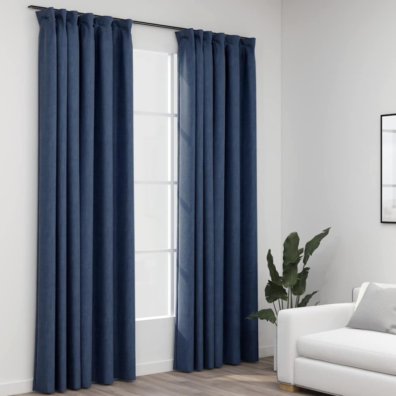 Rideaux occultants aspect lin avec crochets 2pcs Bleu 140x245cm Rideaux occultants aspect lin avec crochets 2pcs Bleu 140x245cm