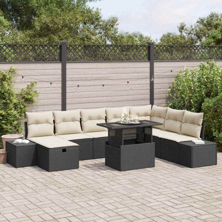 Salon de jardin 9 pcs avec coussins noir résine tressée 488886488886
