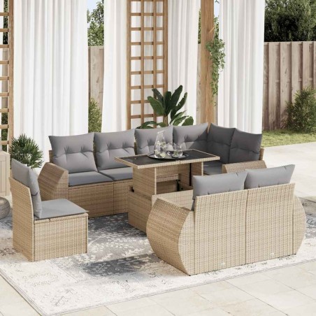 Salon de jardin 6 pcs avec coussins beige résine tressée acacia 489370489370