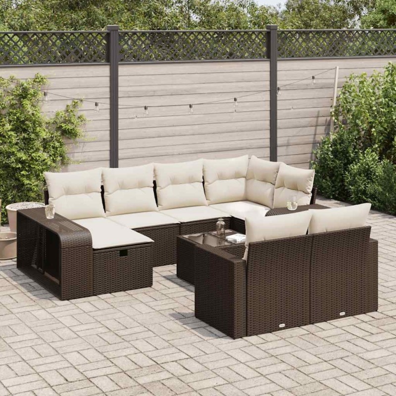 Salon de jardin avec coussins 9 pcs marron résine tressée 495662495662