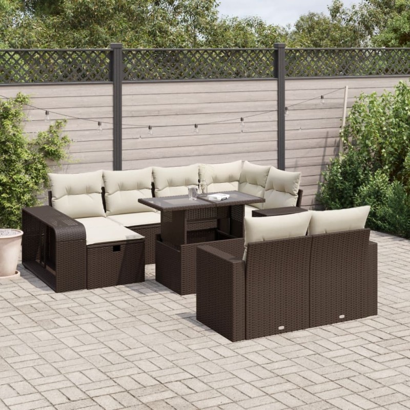 Salon de jardin avec coussins 9 pcs marron résine tressée 495663495663
