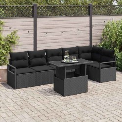 Ensemble à manger de jardin coussins 7pcs Noir Résine tressée 496978496978
