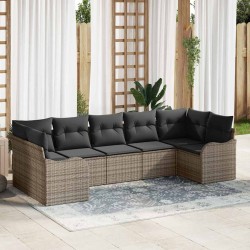 Salon de jardin avec coussins 7 pcs gris résine tressée acacia 497673497673