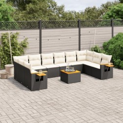Salon de jardin 6 pcs avec coussins noir résine tressée acacia 500054500054