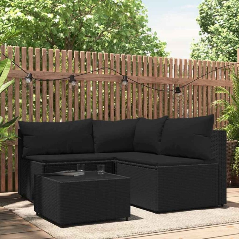 Salon de jardin 9 pcs avec coussins noir résine tressée 502499502499