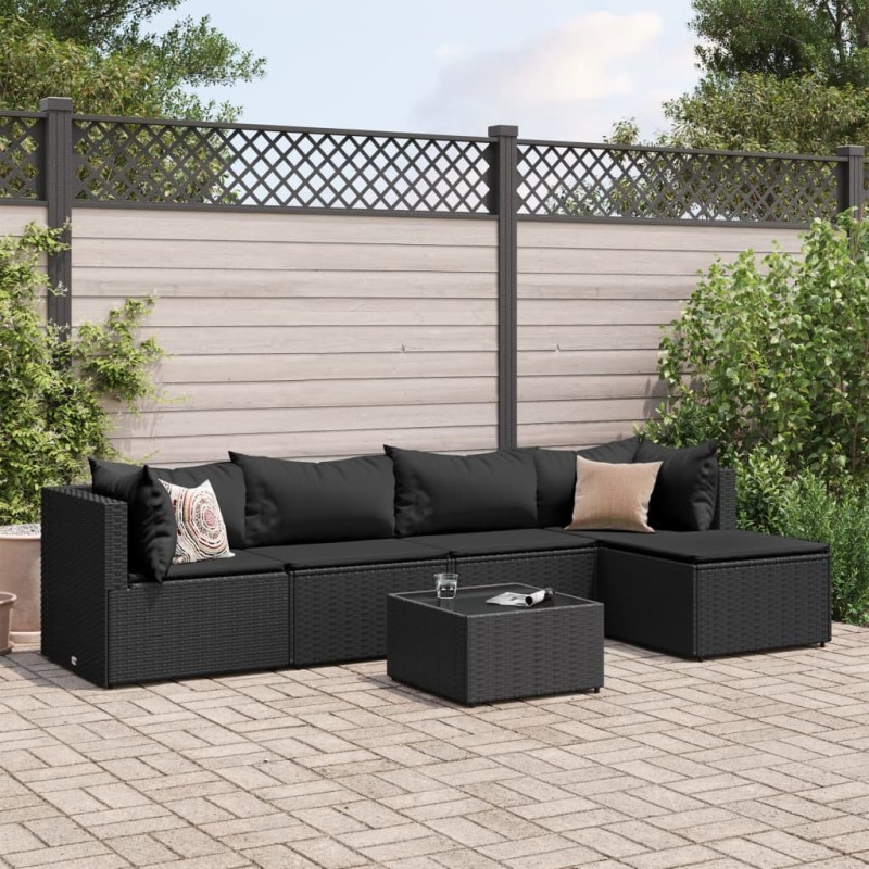 Salon de jardin 6 pcs avec coussins Noir Résine tressée 508108508108