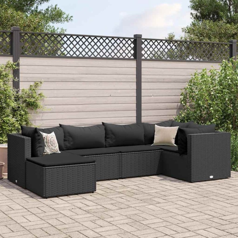 Salon de jardin 6 pcs avec coussins Noir Résine tressée 508115508115