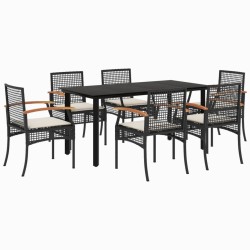 Ensemble à manger de jardin coussins 7pcs Noir Résine tressée 508421508421