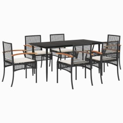Ensemble à manger de jardin coussins 7pcs Noir Résine tressée 508425508425