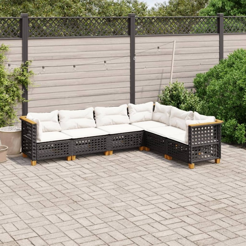 Salon de jardin 6 pcs avec coussins noir résine tressée 508679508679