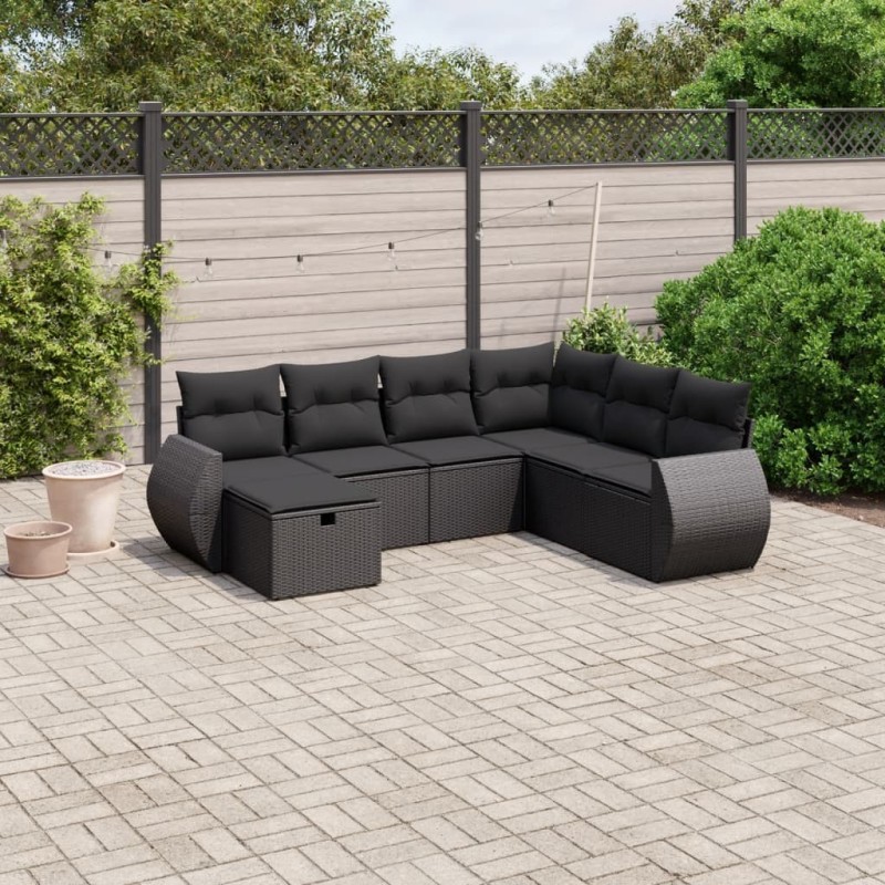 Salon de jardin 7 pcs avec coussins noir résine tressée 508681508681