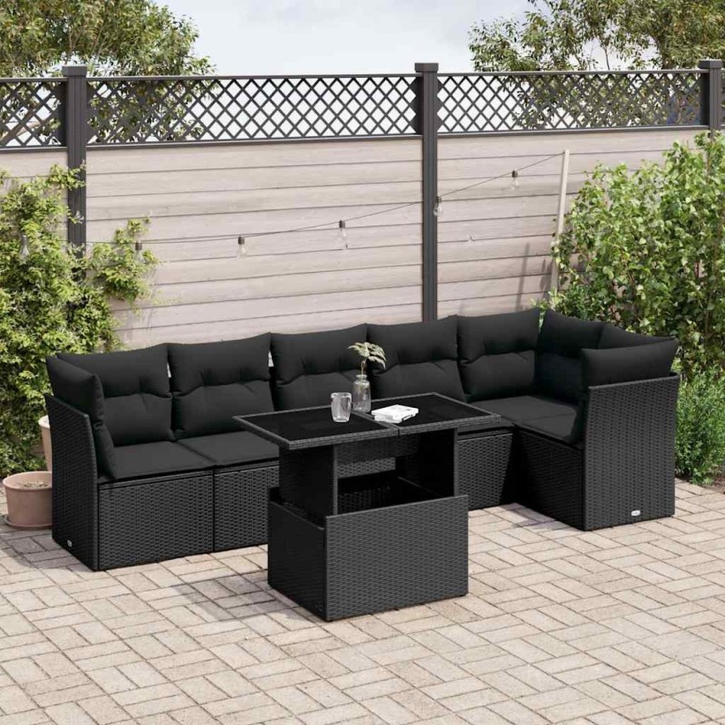 Salon de jardin 7 pcs avec coussins noir résine tressée 508748508748