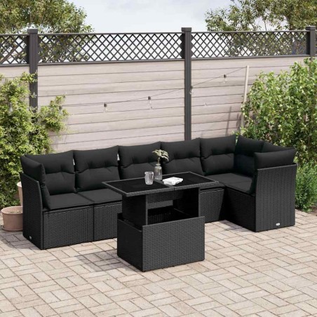 Salon de jardin 7 pcs avec coussins noir résine tressée 508748508748