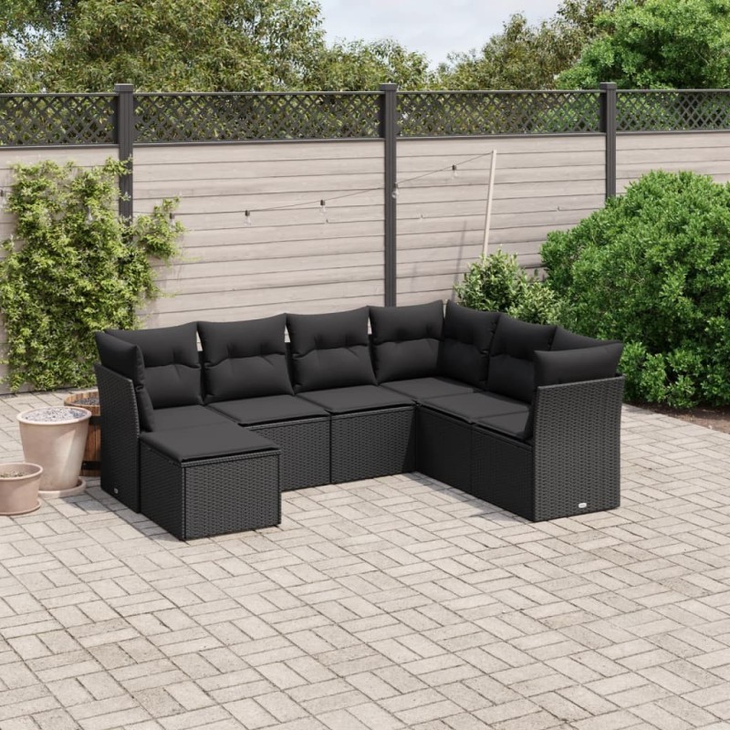 Salon de jardin 7 pcs avec coussins noir résine tressée 508788508788