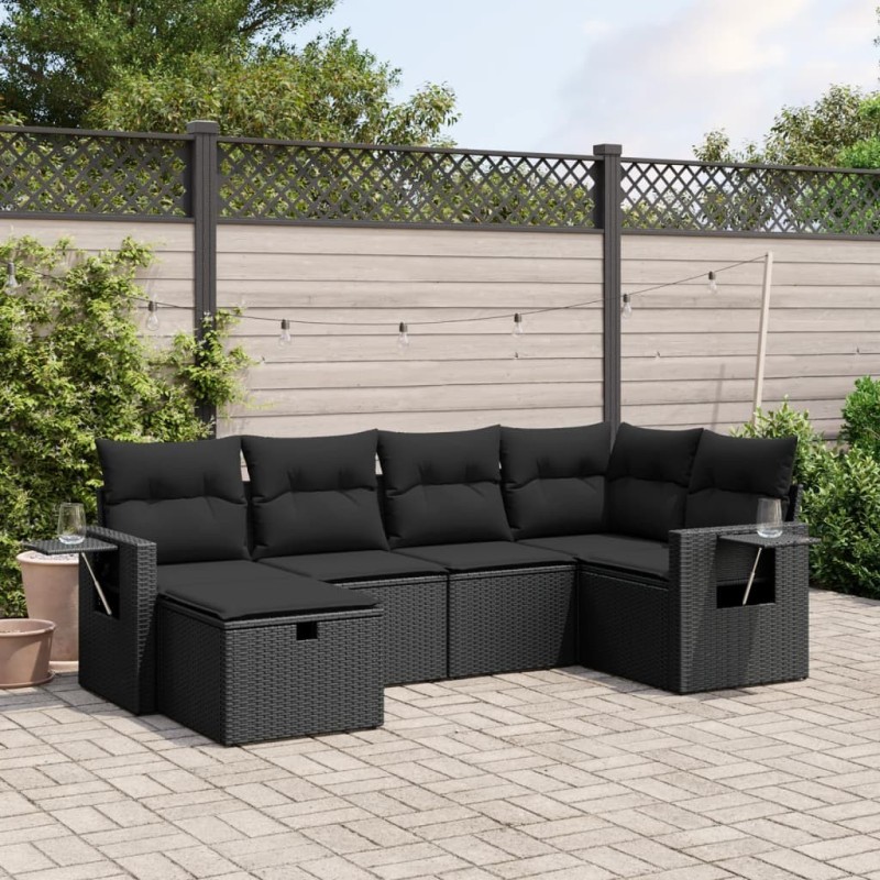Salon de jardin 6 pcs avec coussins noir résine tressée 508841508841