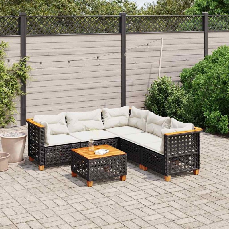Salon de jardin 6 pcs avec coussins noir résine tressée 508847508847