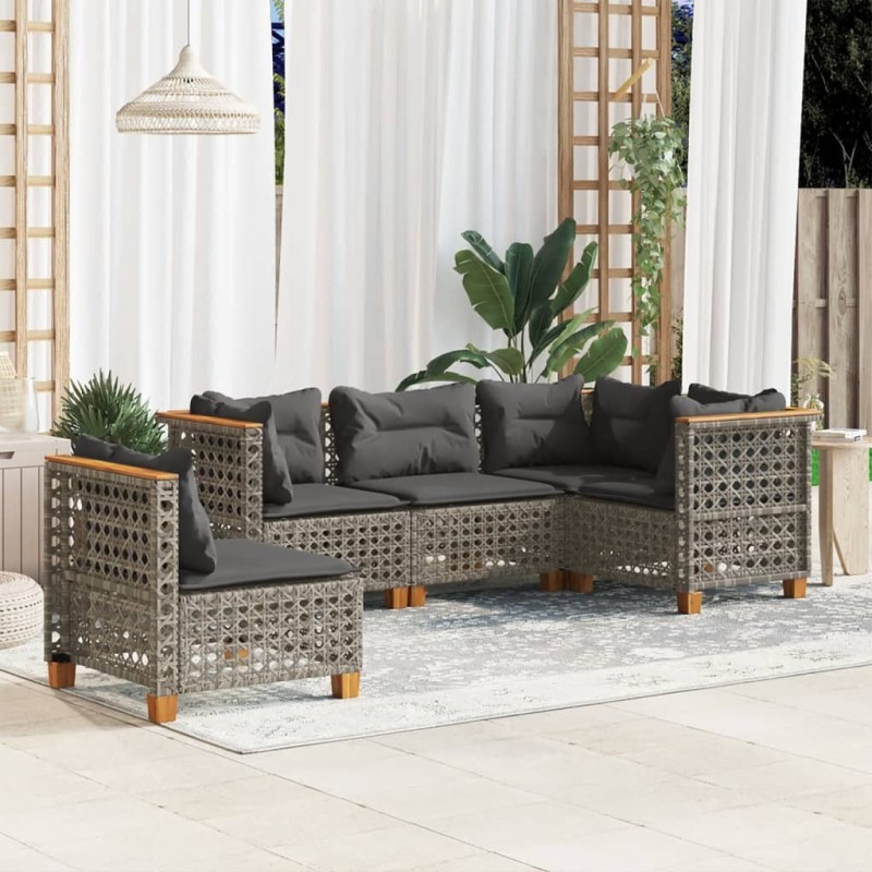 Salon de jardin 5 pcs avec coussins gris résine tressée 508848508848