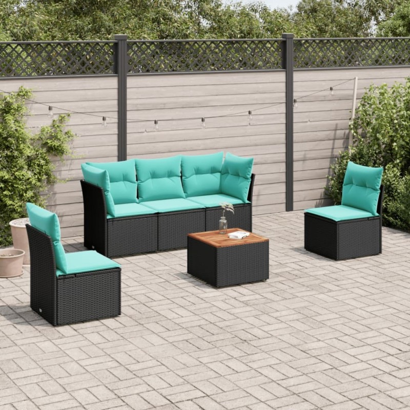 Salon de jardin 6 pcs avec coussins noir résine tressée 508905508905