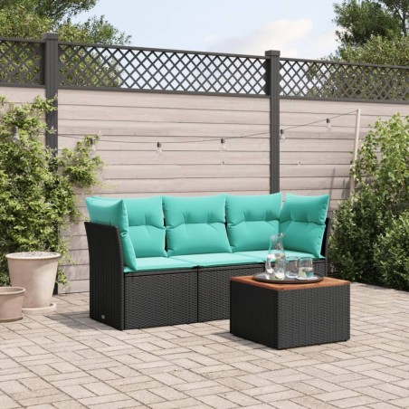 Salon de jardin 4 pcs avec coussins noir résine tressée 508928508928