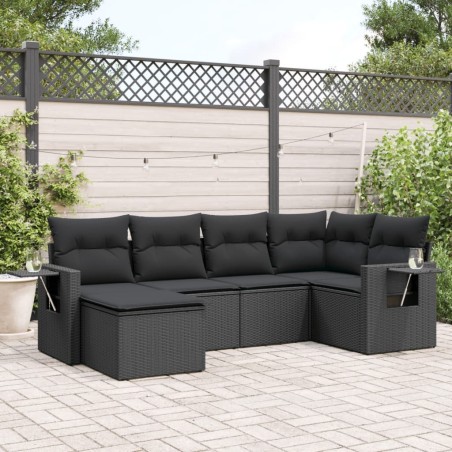 Salon de jardin 6 pcs avec coussins noir résine tressée 508944508944