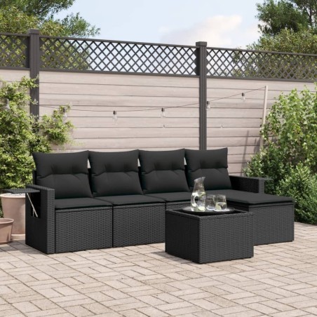 Salon de jardin 6 pcs avec coussins noir résine tressée 508954508954