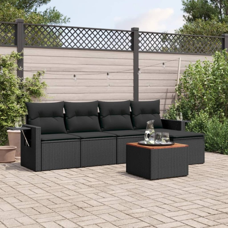 Salon de jardin 6 pcs avec coussins noir résine tressée 508970508970