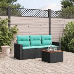 Salon de jardin 4 pcs avec coussins noir résine tressée 508979508979