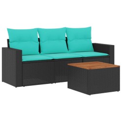 Salon de jardin 4 pcs avec coussins noir résine tressée 508979508979