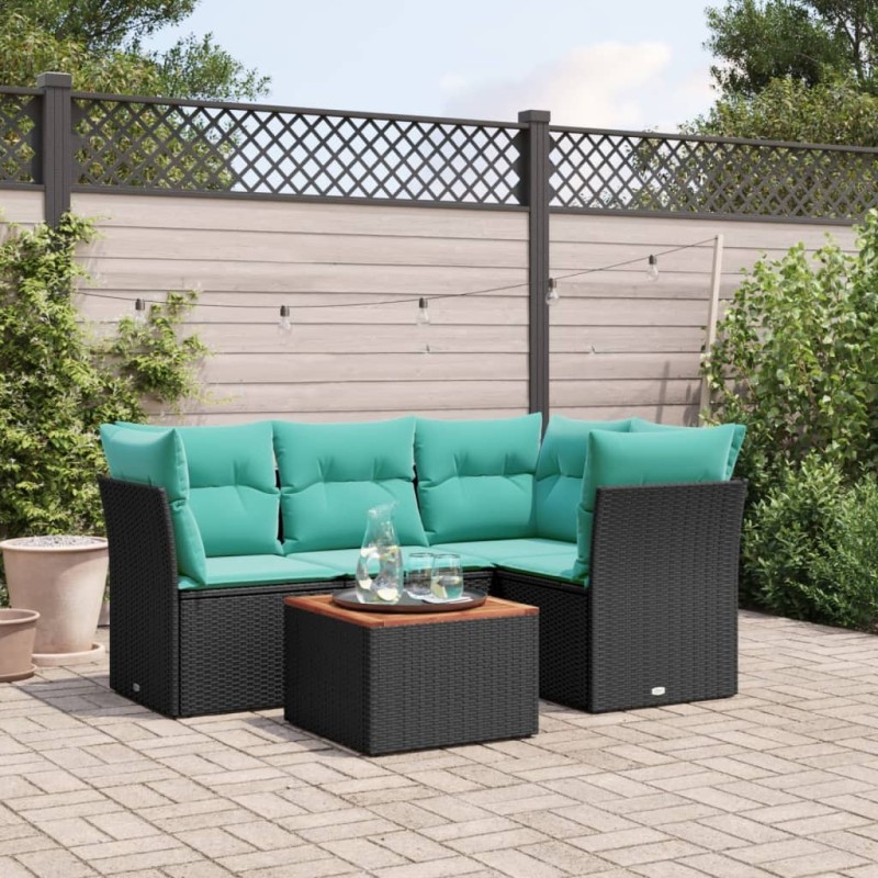 Salon de jardin 5 pcs avec coussins noir résine tressée 508981508981