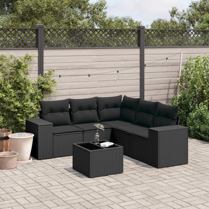 Salon de jardin 6 pcs avec coussins noir résine tressée 508984508984