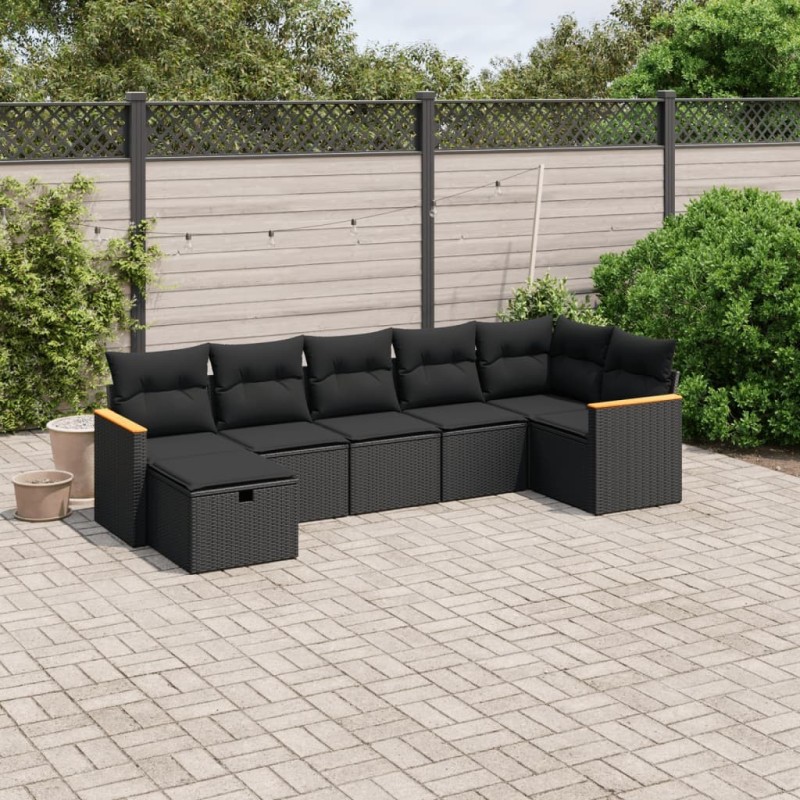 Salon de jardin 7 pcs avec coussins noir résine tressée 509015509015