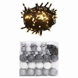 Set de boules de Noël avec pic et 300 LED 120pcs Blanc et gris 509332509332
