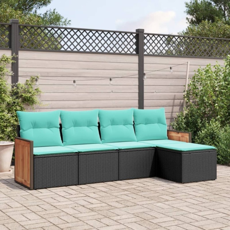 Salon de jardin 5 pcs avec coussins noir résine tressée 509629509629