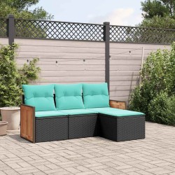 Salon de jardin 4 pcs avec coussins noir résine tressée 509630509630