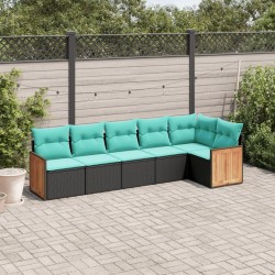 Salon de jardin 6 pcs avec coussins noir résine tressée 509658509658