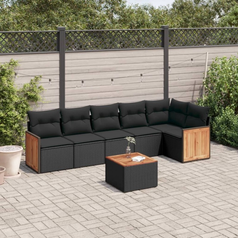 Salon de jardin 7 pcs avec coussins noir résine tressée 509672509672