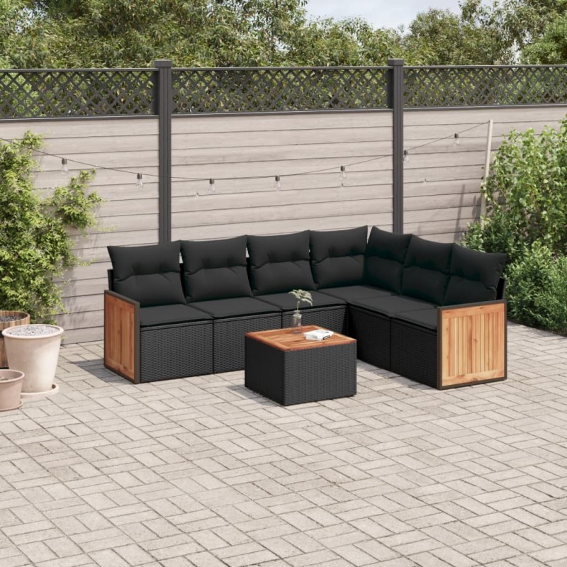 Salon de jardin 7 pcs avec coussins noir résine tressée 509675509675