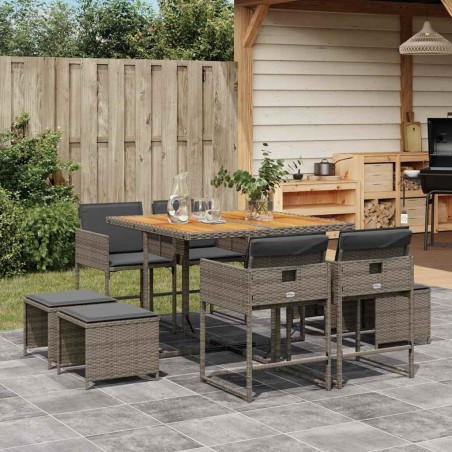 Ensemble à manger de jardin 9 pcs coussins gris résine tressée 509741509741