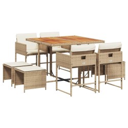 Ensemble à manger de jardin et coussins 9 pcs beige Poly rotin 509743509743