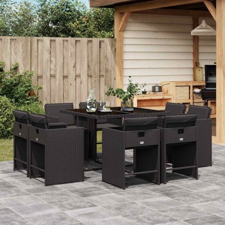 Ensemble à manger de jardin 9pcs coussins noir résine tressée 509748509748